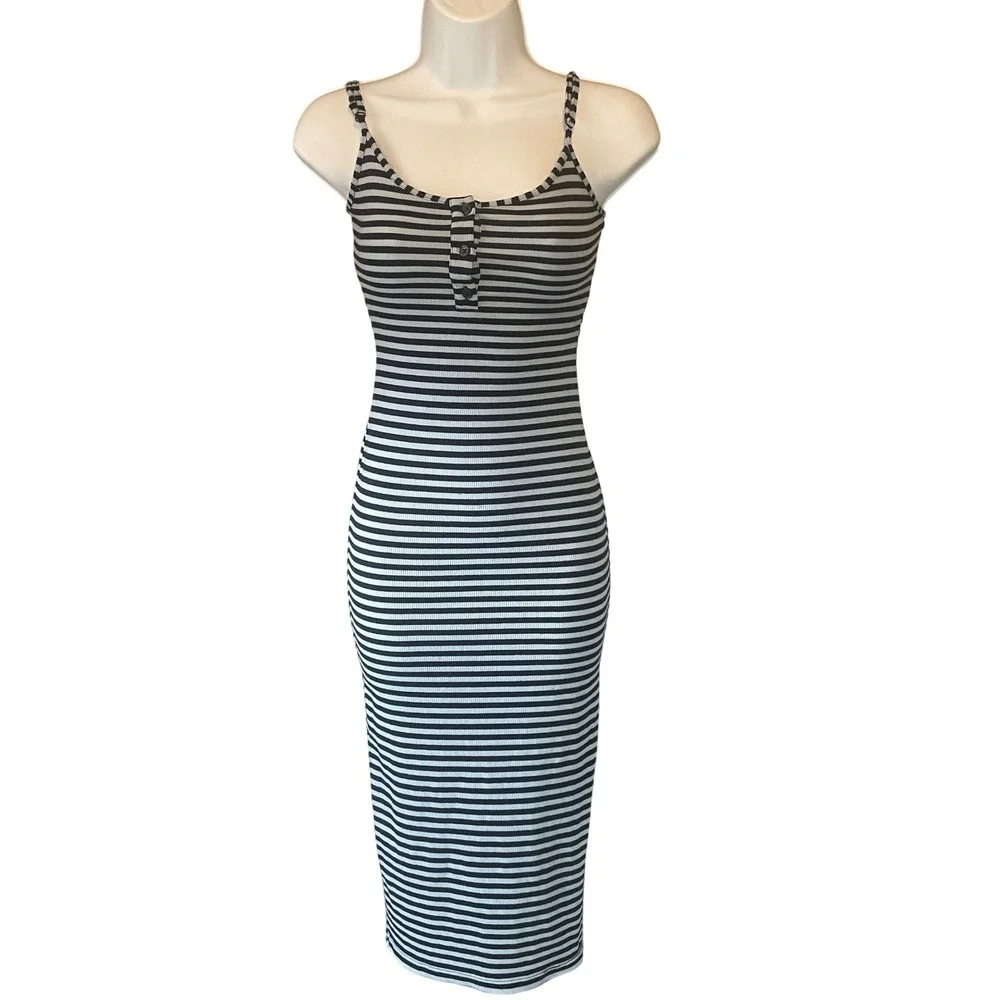 No Boundaries Y2K Preppy Henley‎ Midi Dress Coastal Striped Ribbed XXS Bodycon